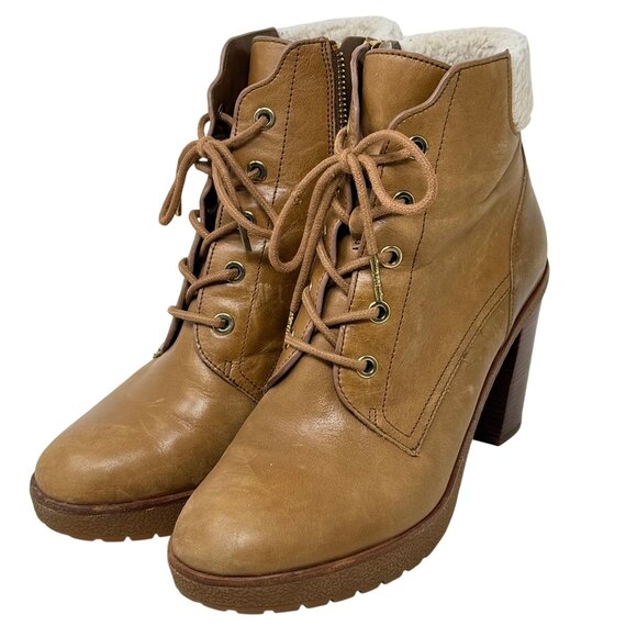 Michael Kors Women Kim Tan Ankle Boots 8M Leather Faux Sherpa Fur Utility Gorp - Picture 1 of 11